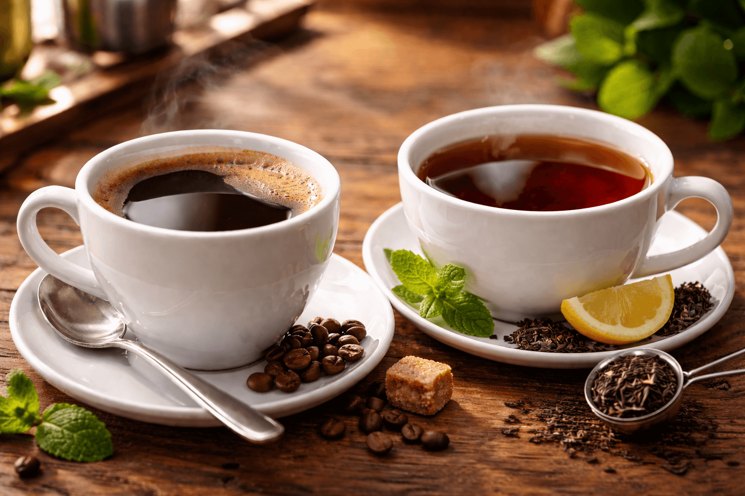 En kopp svart bryggkaffe, en kopp svart te på ett rustikt träbord. Det finns kaffebönor, tepåse, citron och ånga som stiger. En visuell jämförelse mellan kaffe och te.