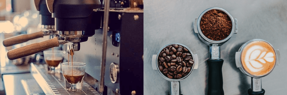 Halverad bild där vi ser bryggning av kaffe samt bild på kaffeböner, malet kaffe och färdigt kaffe.